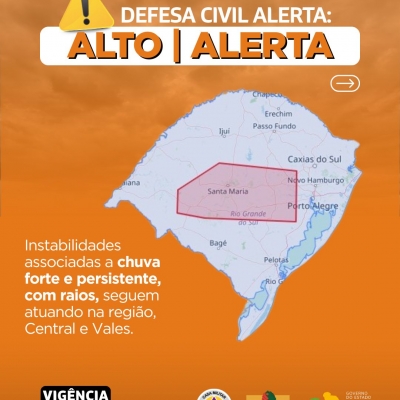 Defesa Civil alerta: Condição de ALERTA para instabilidades associadas a chuva forte e persistente, com raios