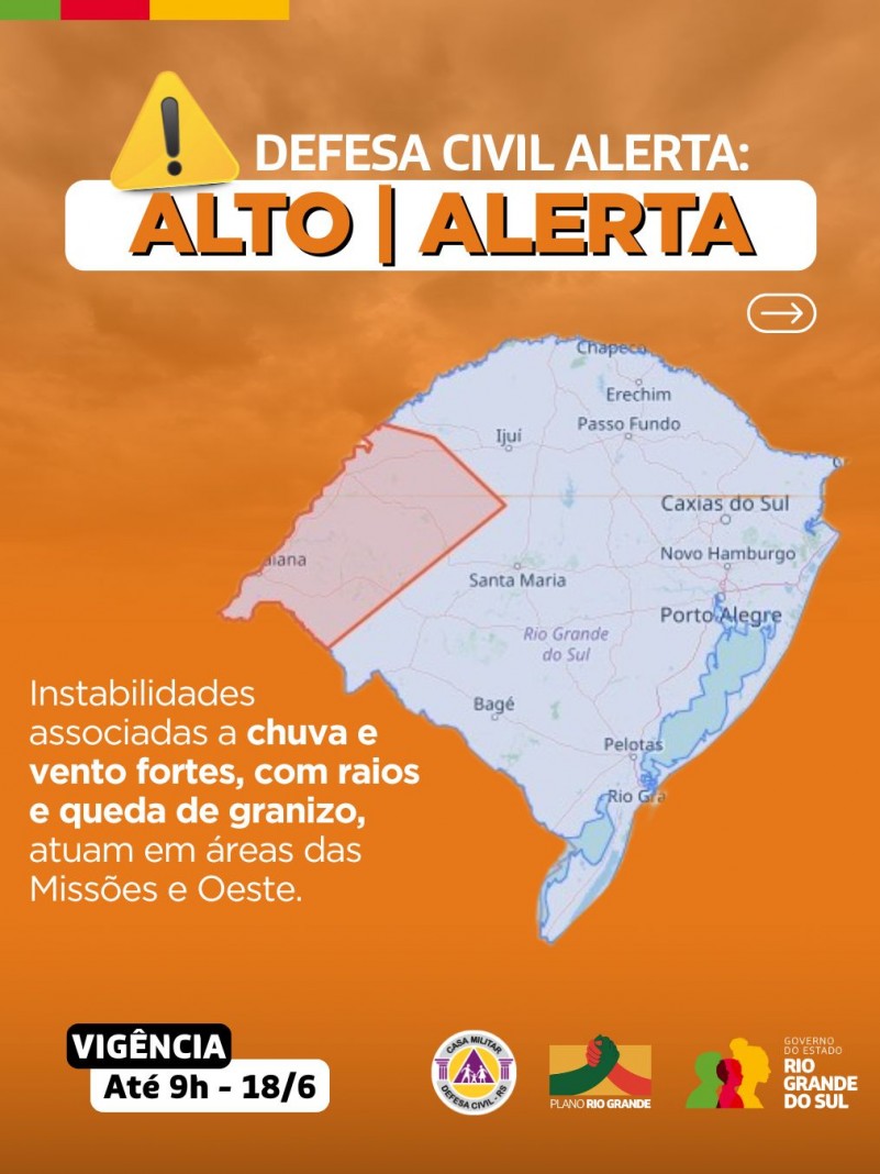 Defesa Civil alerta: Condição de ALERTA para instabilidades associadas a chuva e vento fortes, com raios e queda de granizo