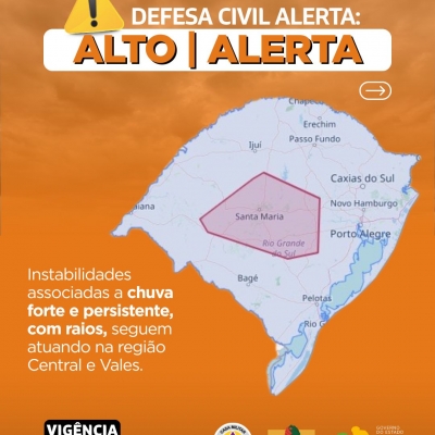 Defesa Civil alerta: Condição de ALERTA para instabilidades associadas a chuva forte e persistente, com raios