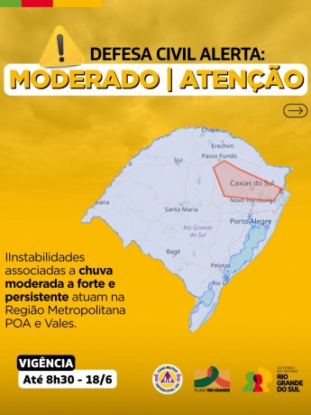 Defesa Civil alerta: Condição de ATENÇÃO para instabilidades associadas a chuva moderada a forte e persistente