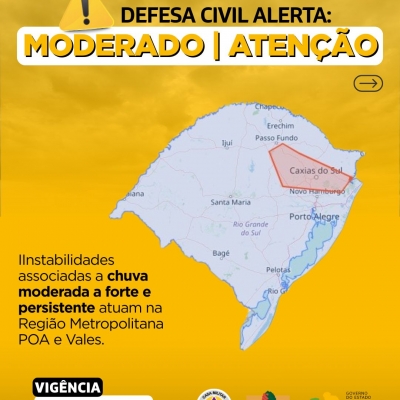 Defesa Civil alerta: Condição de ATENÇÃO para instabilidades associadas a chuva moderada a forte e persistente
