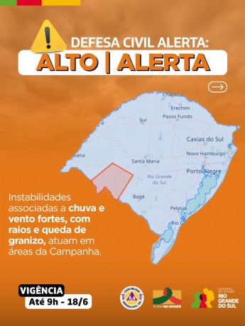 Defesa Civil alerta: Condição de ALERTA para instabilidades associadas a chuva e vento fortes, com raios e queda de granizo