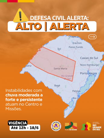 Defesa Civil alerta: Condição de chuva volumosa e persistente com raios. Risco ALTO de alagamentos no Centro e Missões