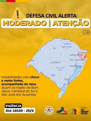 Mapa do RS em fundo amarelo com instabilidades com chuva e vento fortes, acompanhadas de raios atuam na região de Bom Jesus, Cambará do Sul e São Jose dos Ausentes até as 16h30 do dia 20 de junho 