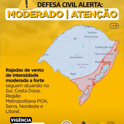 Defesa Civil alerta: Condição de ATENÇÃO para rajadas de vento de intensidade moderada a forte