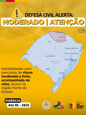 Defesa Civil alerta para condição de ATENÇÃO para instabilidades com pancadas de chuva moderada a forte, acompanhada de raios