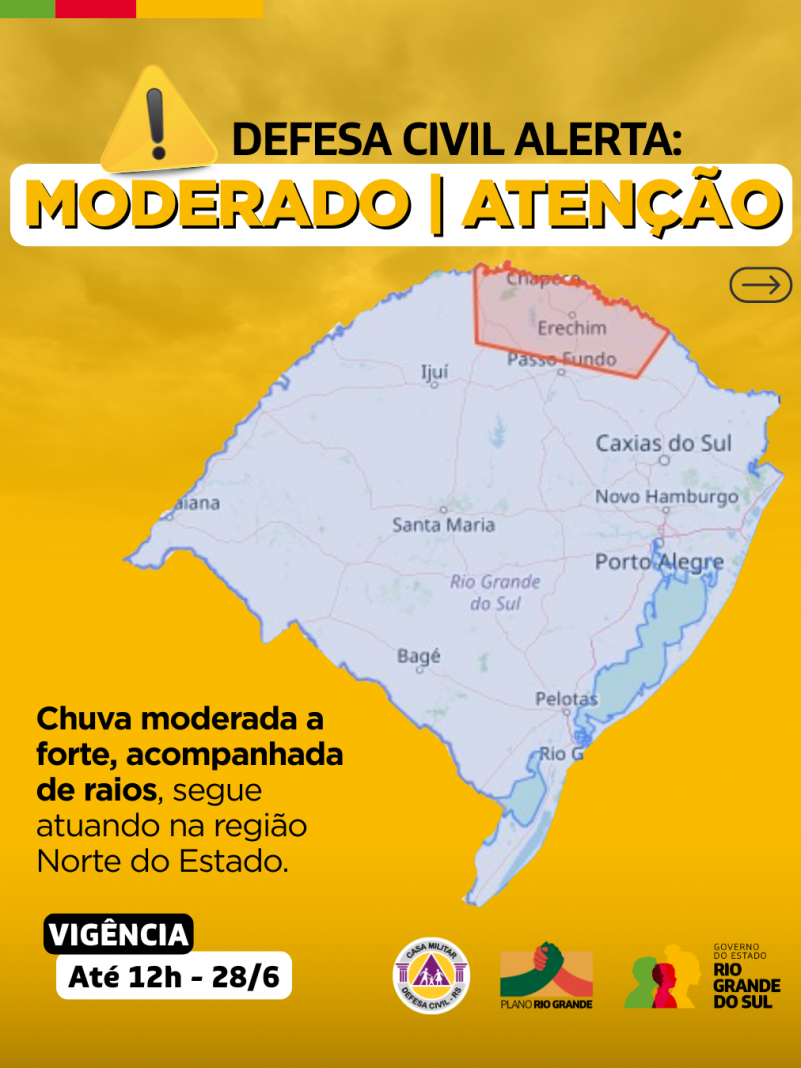 Defesa Civil alerta para condição de ATENÇÃO para chuvas e raios na região Norte do Estado.