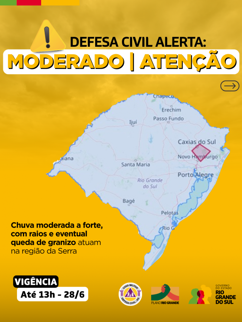Defesa Civil alerta para condição de ATENÇÃO para chuva, vento, raios e granizo na região da Serra.