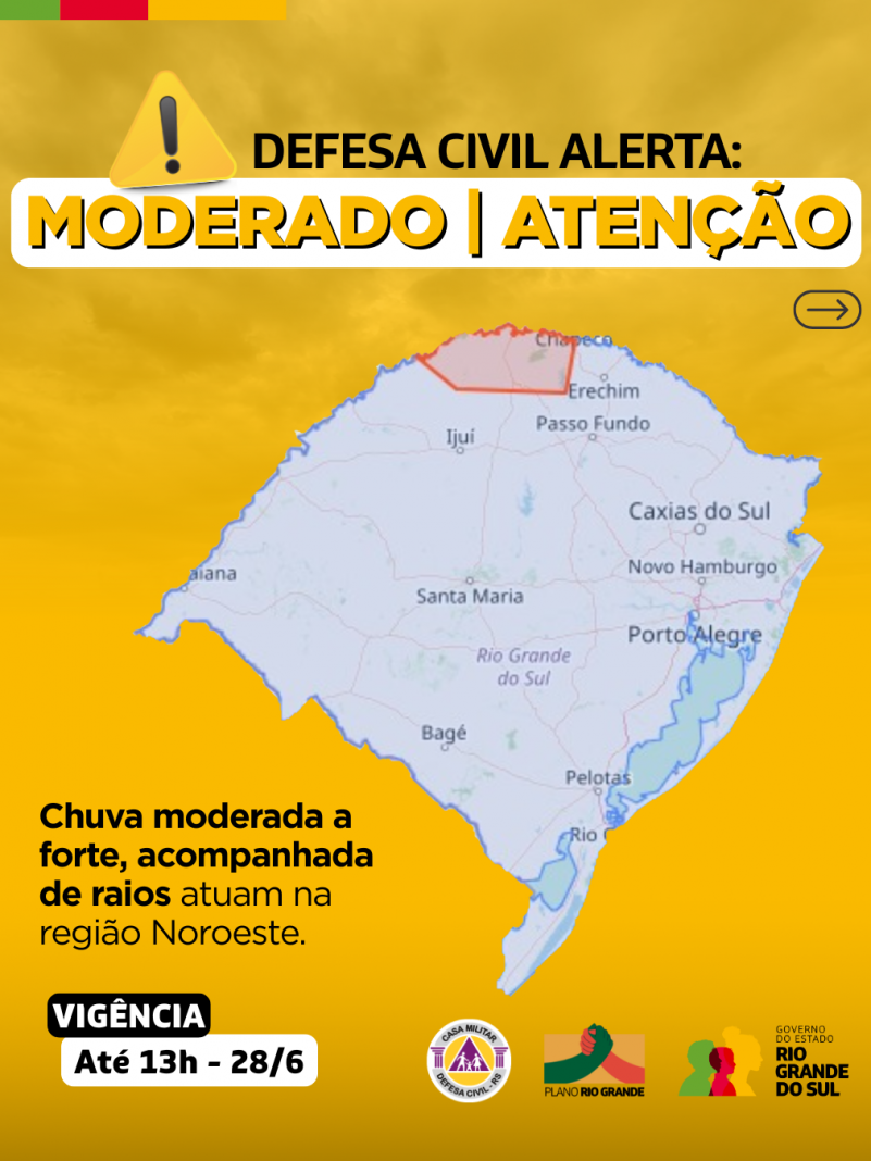 Defesa Civil alerta para condição de ATENÇÃO para chuva e raios na região Noroeste