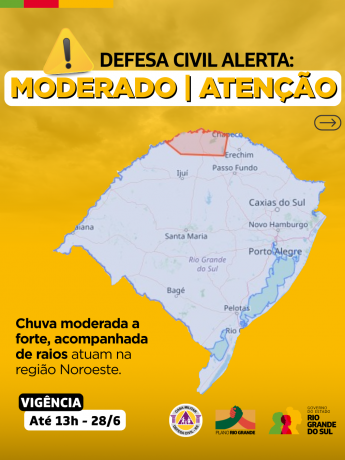 Defesa Civil alerta para condição de ATENÇÃO para chuva e raios na região Noroeste