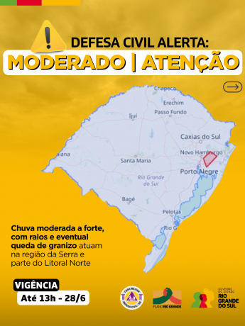 Defesa Civil alerta para condição de ATENÇÃO para chuva, raios e granizo na região da Serra e Litoral Norte 