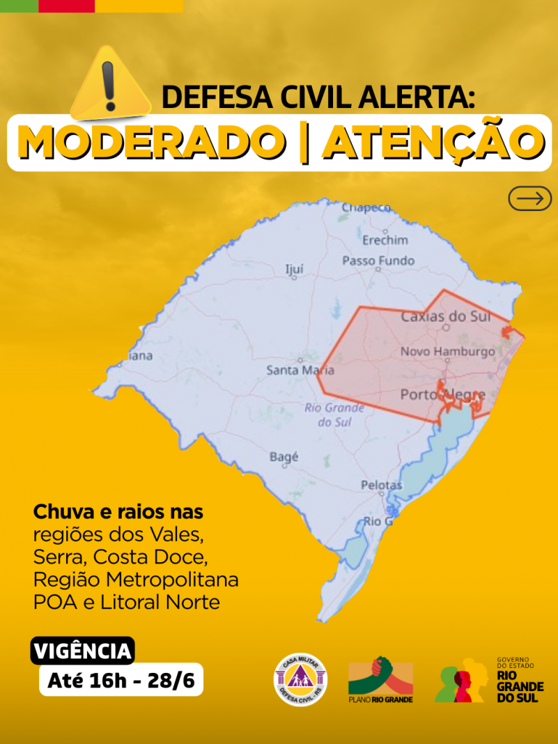 Defesa Civil alerta para condição de ATENÇÃO para chuva e raios nas regiões dos Vales, Serra, Costa Doce, Região Metropolitana POA e Litoral Norte. 