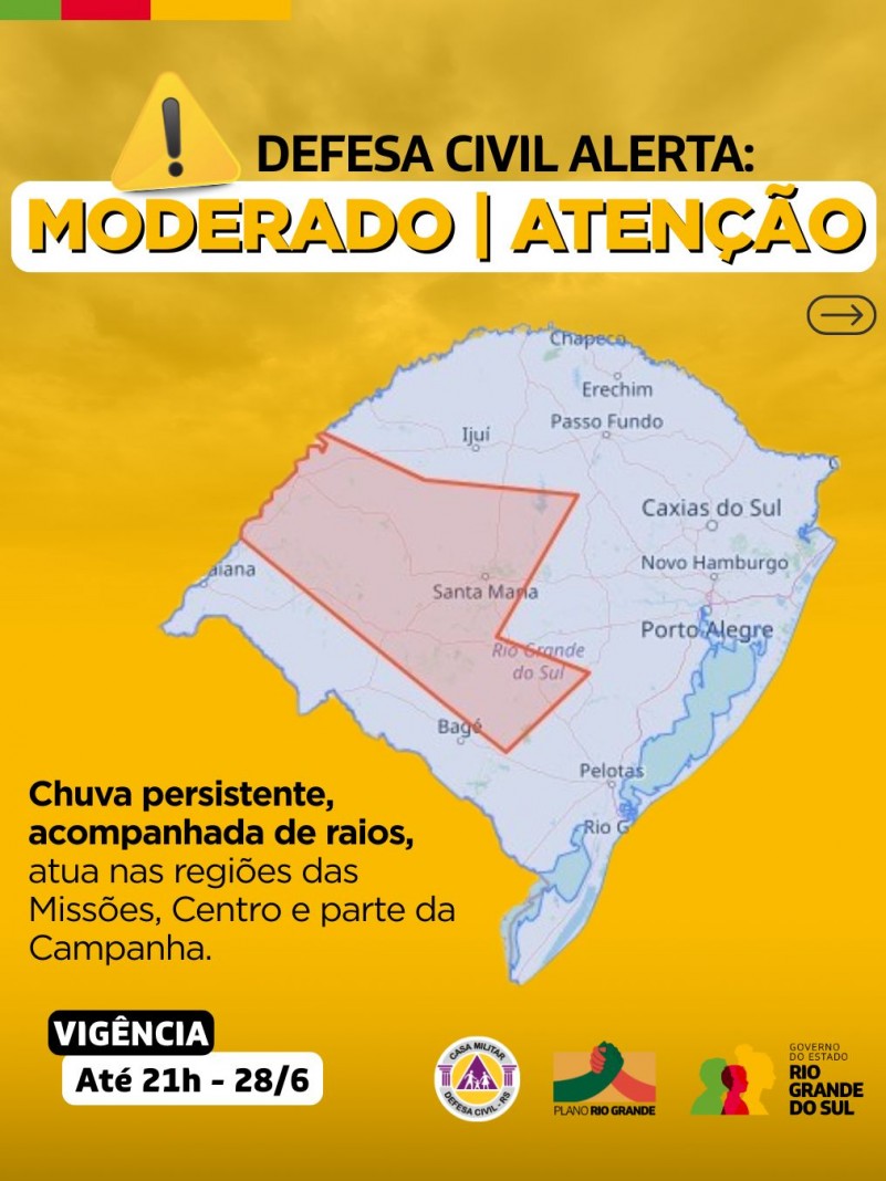 Defesa Civil alerta: Condição de ATENÇÃO para chuva persistente, acompanhada de raios
