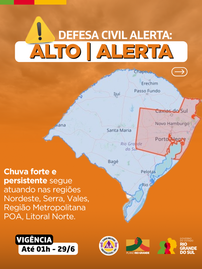 Alerta Laranja para as regiões nordeste, serra, vales, RMPOA, Litoral Norte