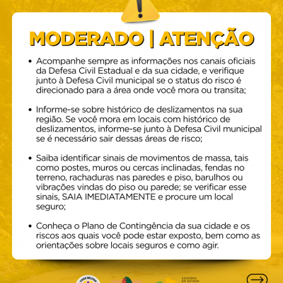 Defesa Civil alerta para condição de ATENÇÃO para chuva, vento, raios e granizo. Risco MODERADO de alagamentos pontuais