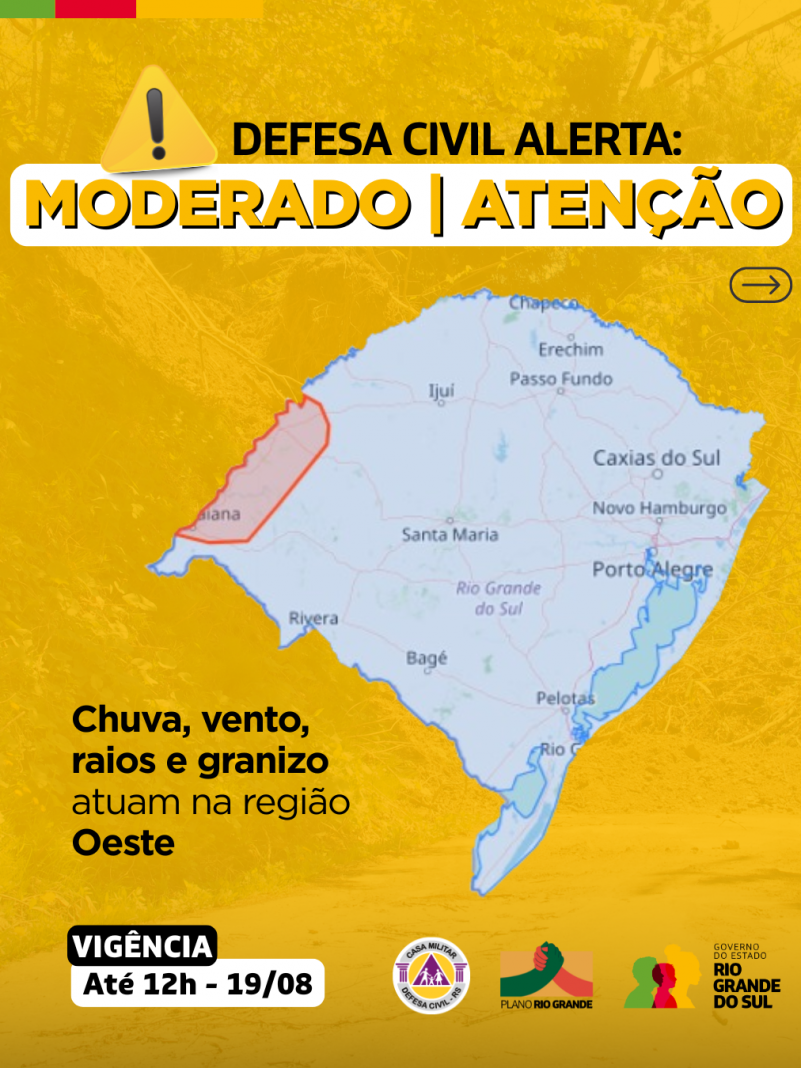 Defesa Civil alerta para condi&ccedil;&atilde;o de ATEN&Ccedil;&Atilde;O para chuva, vento, raios e granizo. Risco MODERADO de alagamentos pontuais