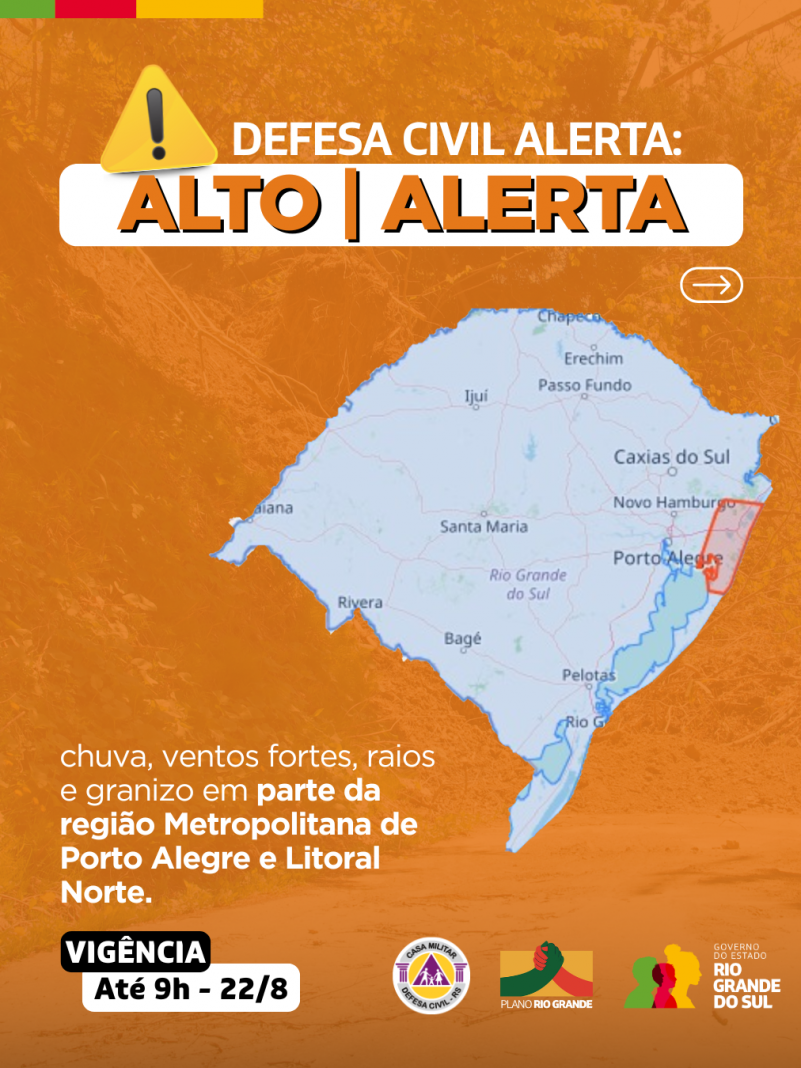 Defesa Civil alerta: condi&ccedil;&atilde;o de ALERTA para chuva, ventos fortes, raios e granizo na regi&atilde;o Metropolitana de Porto Alegre