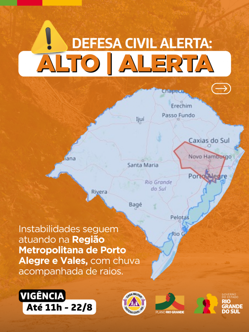 Defesa Civil alerta: condi&ccedil;&atilde;o de ALERTA para chuva e raios na regi&atilde;o Metropolitana de Porto Alegre e Vales.