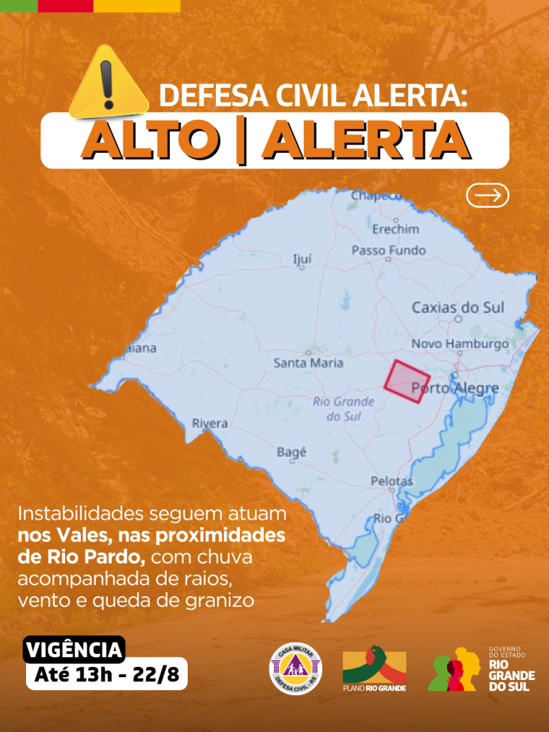 Defesa Civil alerta: Condi&ccedil;&atilde;o de ALERTA chuva, vento, raios e granizo nos Vales, nas proximidades de Rio Pardo
