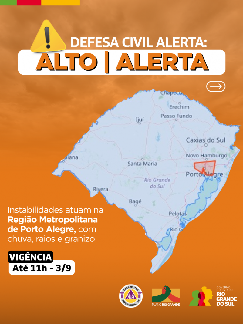 Defesa Civil alerta para condi&ccedil;&atilde;o de ALERTA para chuva, raios e granizo na Regi&atilde;o Metropolitana de Porto Alegre. Risco ALTO de destelhamento. V&aacute;lido at&eacute; &agrave;s 11h do dia 3 de setembro. Evite &aacute;reas de risco. Emerg&ecirc;ncia ligue 190/193.

Conta pra gente nos coment&aacute;rios como est&aacute; o tempo na sua regi&atilde;o.

Procure informa&ccedil;&otilde;es junto &agrave; Defesa Civil da sua cidade, conhe&ccedil;a os Planos de Conting&ecirc;ncia municipais para saber quais os riscos e como agir em caso de desastre no seu munic&iacute;pio.