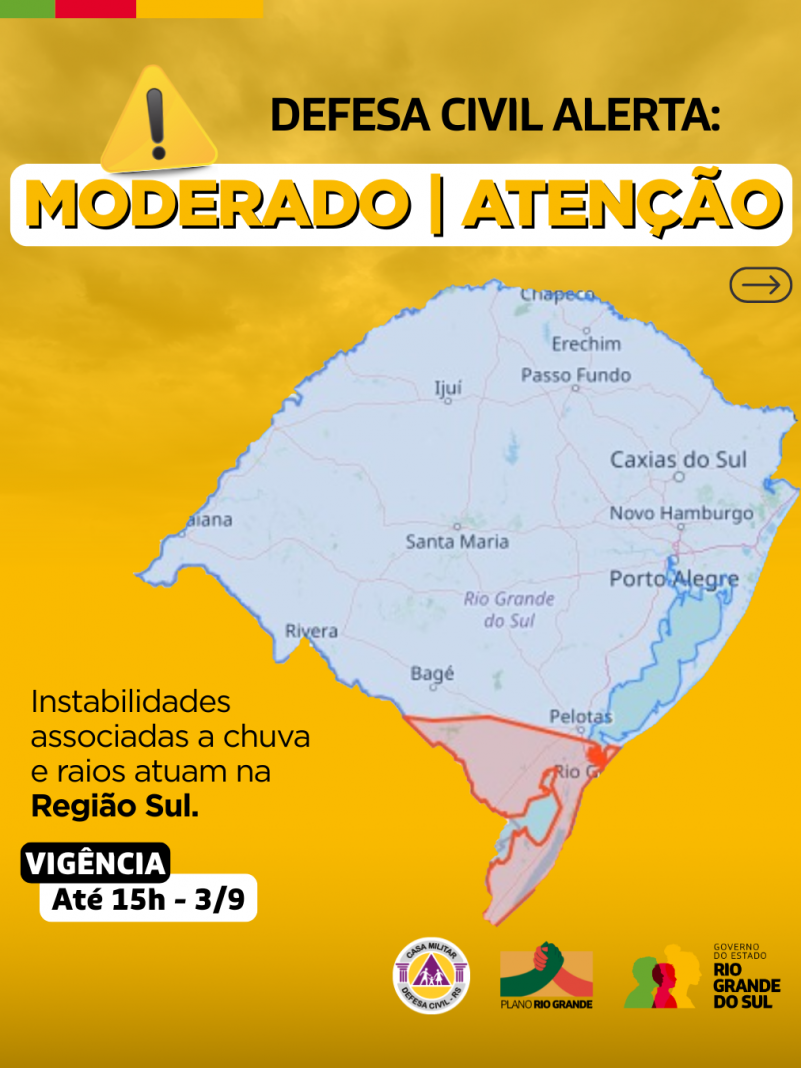 Defesa Civil alerta para condi&ccedil;&atilde;o de ATEN&Ccedil;&Atilde;O para chuvas e raios na Regi&atilde;o Sul. Risco MODERADO de alagamentos.