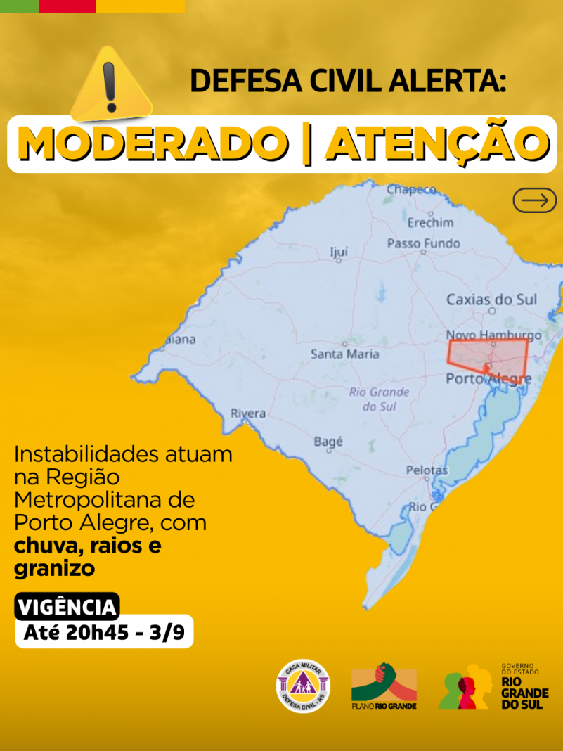 Defesa Civil alerta: Condi&ccedil;&atilde;o de ATEN&Ccedil;&Atilde;O para instabilidades que atuam na Regi&atilde;o Metropolitana de Porto Alegre