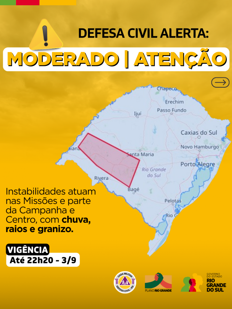 Defesa Civil alerta: Condi&ccedil;&atilde;o de ATEN&Ccedil;&Atilde;O para instabilidades que atuam nas Miss&otilde;es e parte da Campanha e Centro