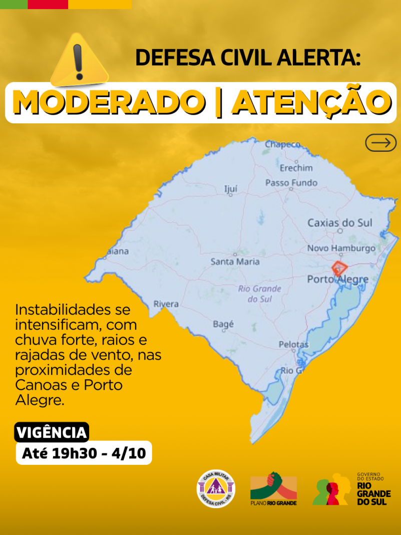 Defesa Civil alerta: Condi&ccedil;&atilde;o de ATEN&Ccedil;&Atilde;O para instabilidades que se intensificam com chuva forte, raios e rajadas de vento