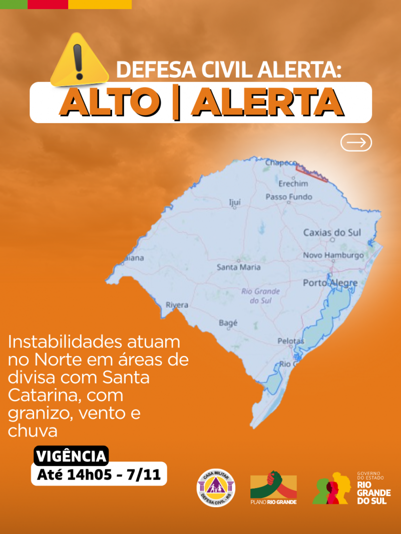 Defesa Civil alerta: Condi&ccedil;&atilde;o de ALERTA para instabilidades que atuam no Norte, em &aacute;reas de divisa com Santa Catarina