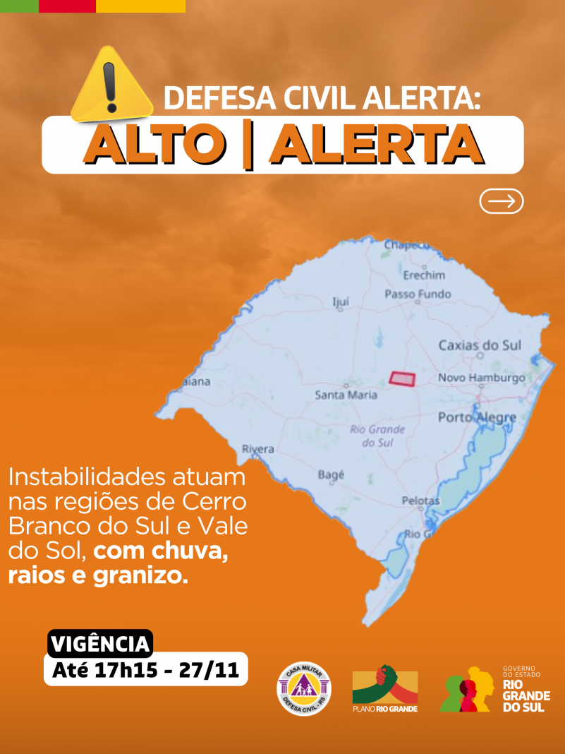 Defesa Civil alerta: Condi&ccedil;&atilde;o de ALERTA para tempestade, raios e granizo.
