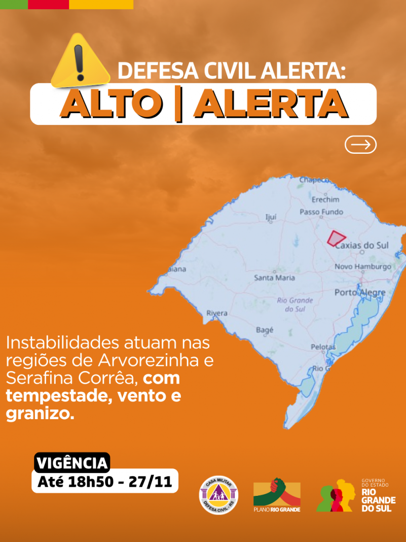 Defesa Civil alerta: Condi&ccedil;&atilde;o de ALERTA para instabilidades atuam nas regi&otilde;es de Arvorezinha e Serafina Corr&ecirc;a