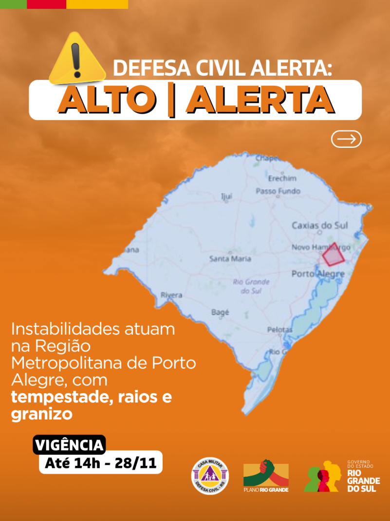 Defesa Civil alerta: Condi&ccedil;&atilde;o de ALERTA para instabilidades que atuam na Regi&atilde;o Metropolitana de Porto Alegre