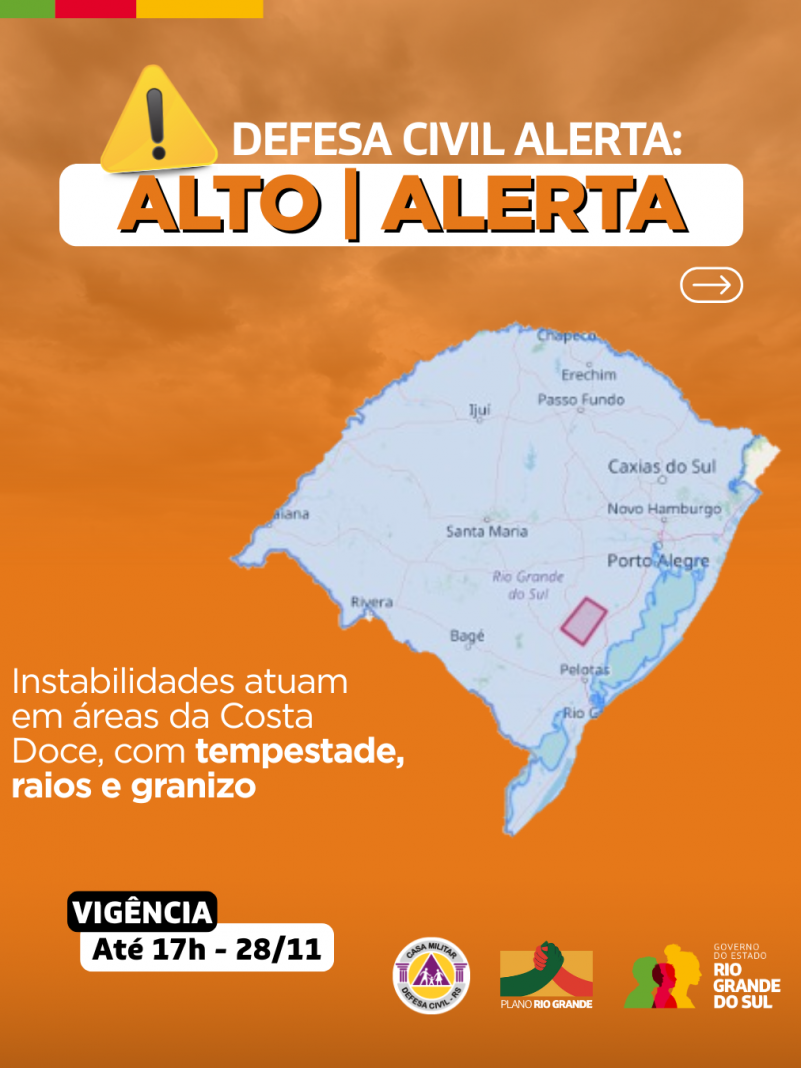Mapa do RS em fundo laranja com alerta para instabilidades atuam na Costa Doce com tempestades raios e granizo