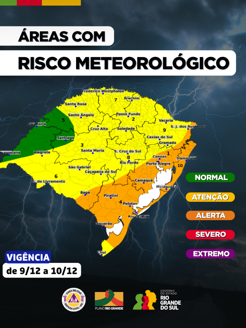Mapa do RS em fundo azul escuro com ar&eacute;as em verde, amarelo e laranja de risco meteorol&oacute;gico