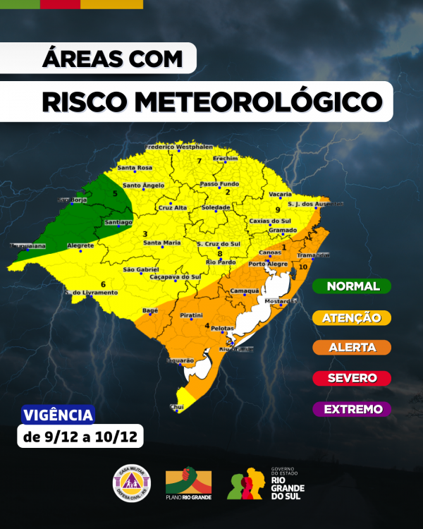 Mapa do RS em fundo azul escuro com aréas em verde, amarelo e laranja de risco meteorológico