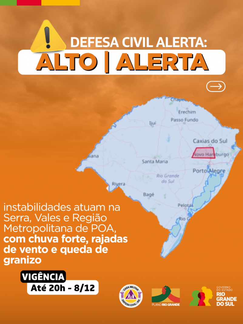 Defesa Civil alerta: Condi&ccedil;&atilde;o de ALERTA para instabilidades atuam na Serra, Vales e Regi&atilde;o Metropolitana de Porto Alegre
