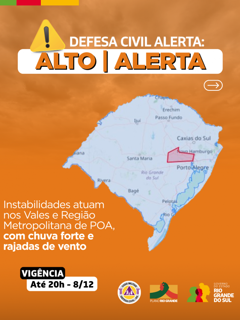 Defesa Civil alerta: Condi&ccedil;&atilde;o de ALERTA para instabilidades que atuam nos Vales e Regi&atilde;o Metropolitana de Porto Alegre