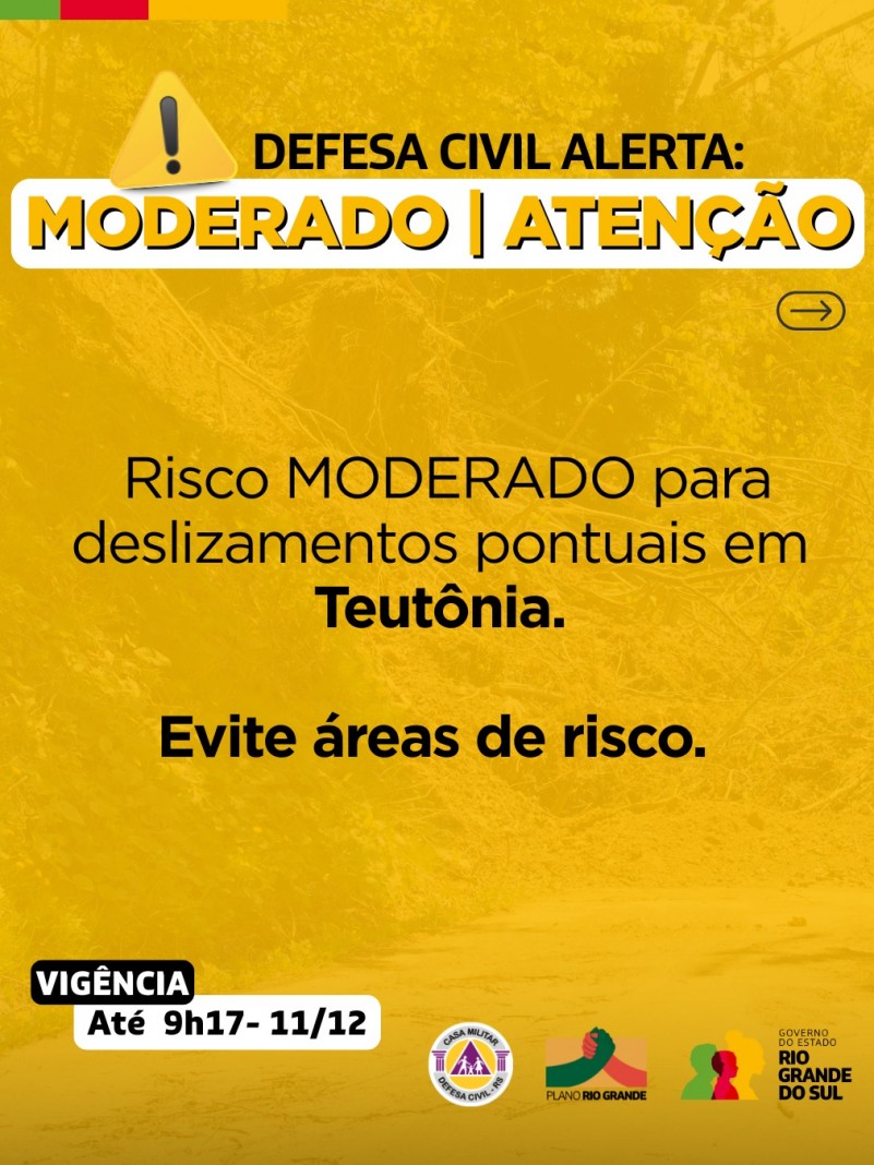 Defesa Civil alerta: Risco MODERADO para deslizamentos pontuais em Teut&ocirc;nia 