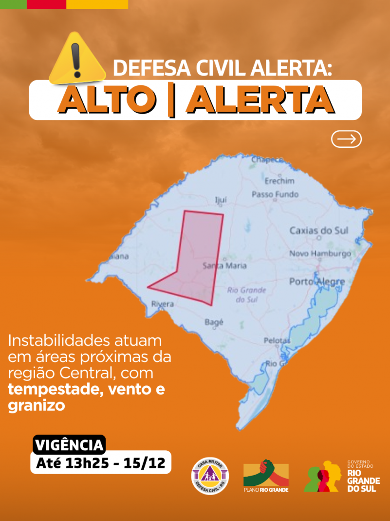 mapa do rs com fundo laranja com instabilidades que atuam em &aacute;reas proximas da regi&atilde;o central, com tempestades, ventos e granizo