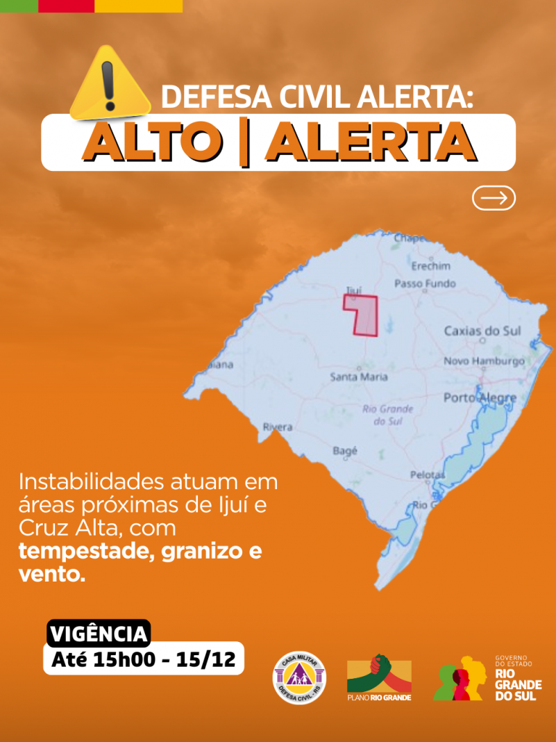 Defesa Civil alerta: Condi&ccedil;&atilde;o de ALERTA para instabilidades que atuam em &aacute;reas pr&oacute;ximas de Iju&iacute; e Cruz Alta