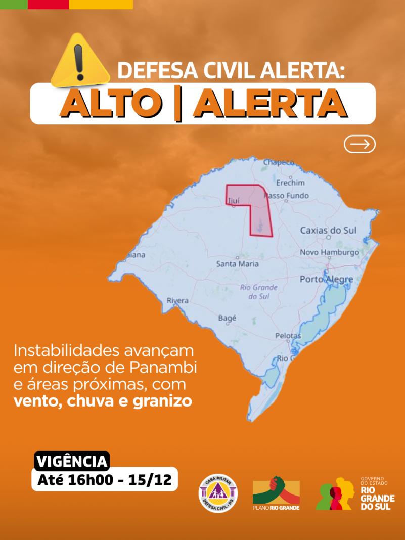 mapa do rs em fundo laranja com instabilidades na regi&atilde;o de Panambi com vento chuva e granizo. v&aacute;lido at&eacute; as 16h do dia 15 de dezembro 