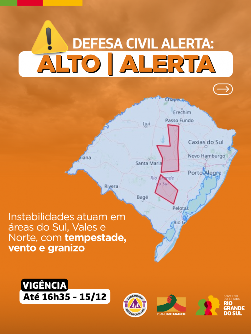 mapa do rs em fundo laranja com alerta para instabilidades nas &aacute;eras do Sil, Vales e Norte com tempestades, vent e granizo