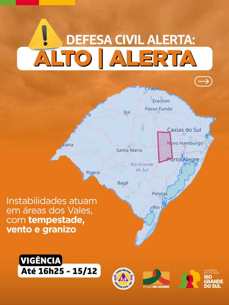 mapa do rs em fundo laranja com alerta para instabilidades nas &aacute;reas do Vales, com tempestade, ventos e granizo.