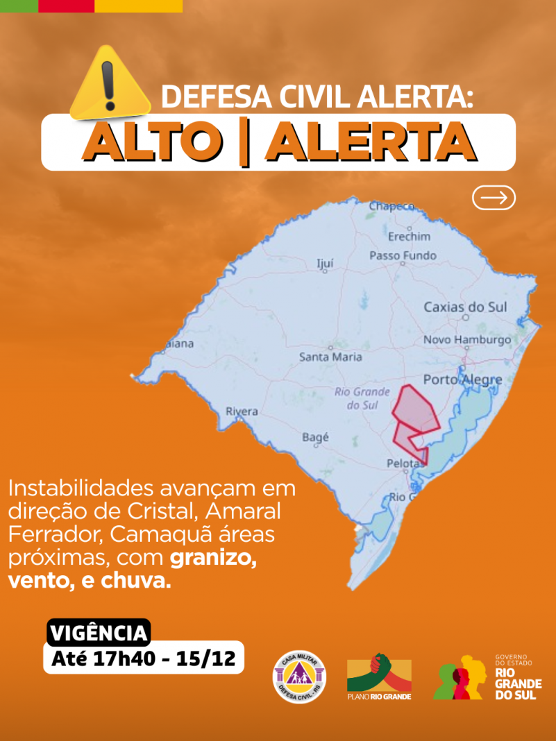 mapa do rs em fundo laranja com alerta para instabilidades na dire&ccedil;&atilde;o de cristal, amaral ferrado, camaqu&atilde; de granizo vento e chuva