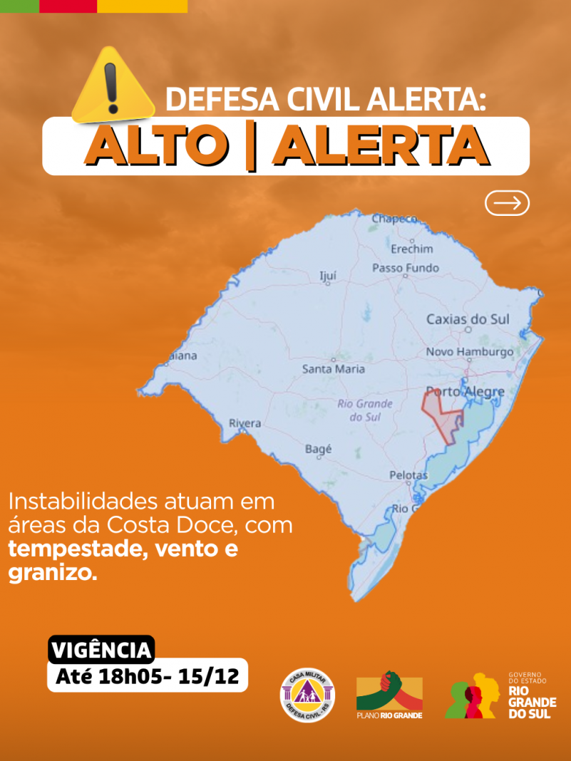mapa do rs em fundo laranja com alerta para instabilidades com tempestade, vento e granizo nas &aacute;reas da Costa Doce
