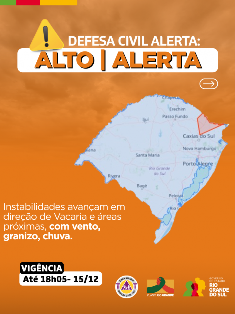 Defesa Civil alerta: Condi&ccedil;&atilde;o de ALERTA para instabilidades avan&ccedil;am em dire&ccedil;&atilde;o de Vacaria e &aacute;reas pr&oacute;ximas