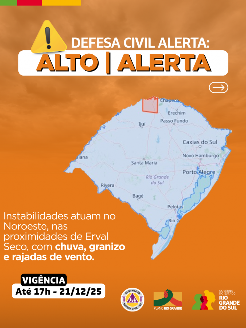 Defesa Civil alerta: Condi&ccedil;&atilde;o de ALERTA para instabilidades que atuam no Noroeste, nas proximidades de Erval Seco