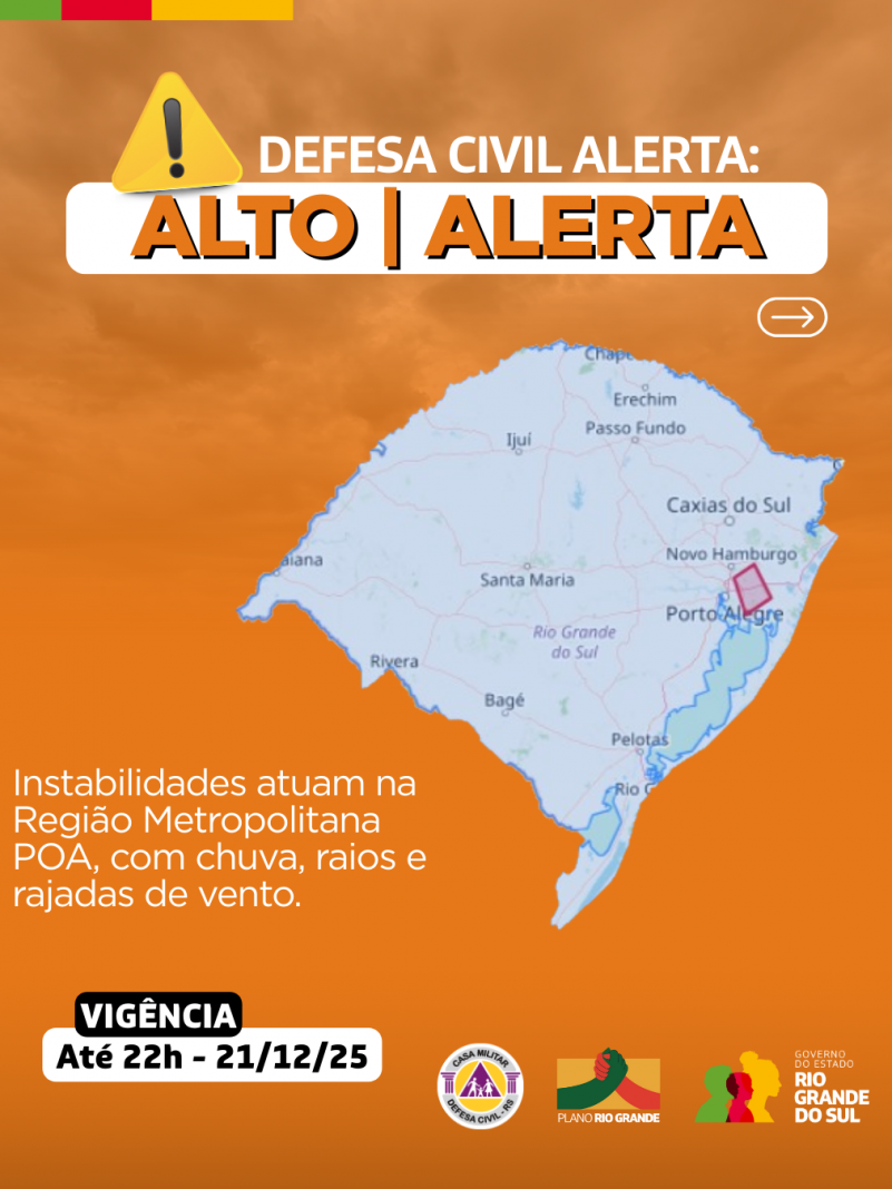 Defesa Civil alerta: Condi&ccedil;&atilde;o de ALERTA para instabilidades que atuam na Regi&atilde;o Metropolitana de Porto Alegre