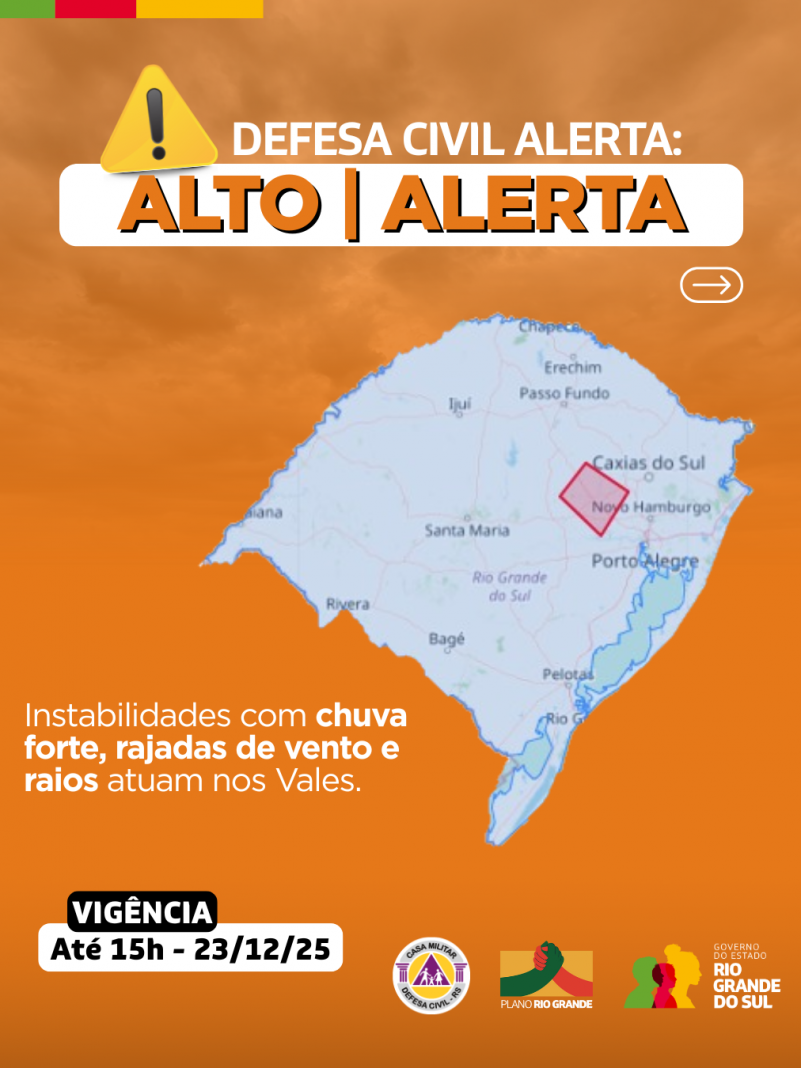 Mapa do RS em fundo Laranja com alerta para instabilidades com chuva forte, rajadas de vento e raios na regi&atilde;o dos Vales. 