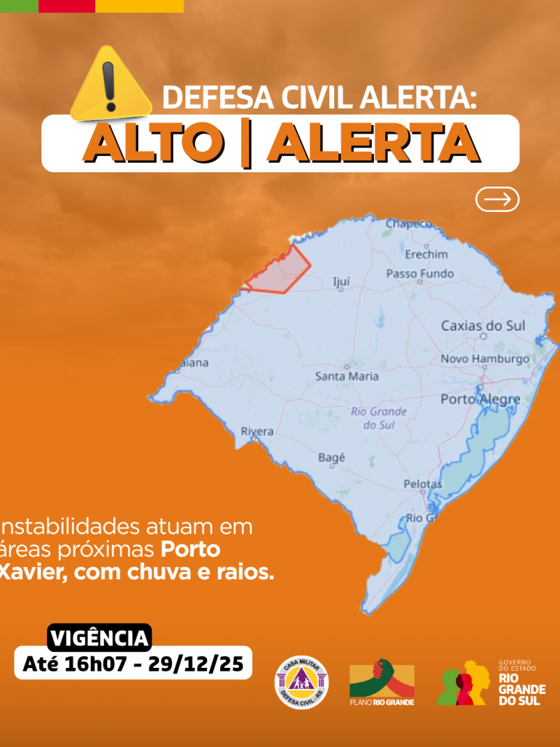 Defesa Civil alerta: Condi&ccedil;&atilde;o de ALERTA para Instabilidades que atuam em &aacute;reas pr&oacute;ximas Porto Xavier, com chuva e raios.